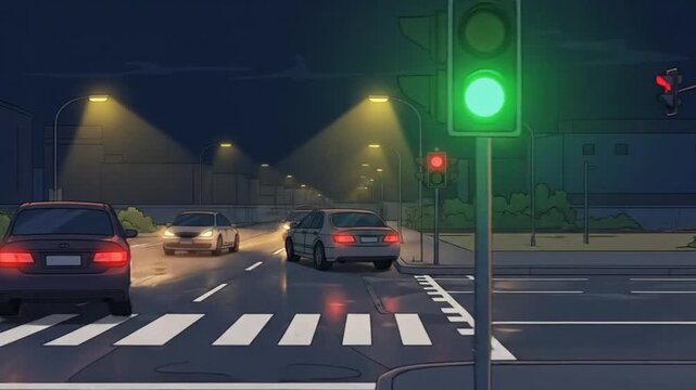 Night traffic stoplight cycle cars move through city intersection animation