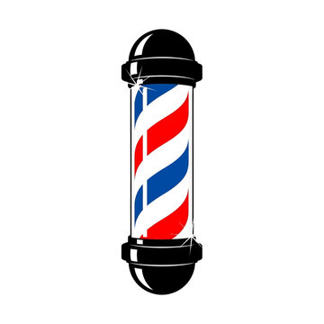 A classic barber pole with red white and blue stripes on a white background