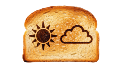 Toasted bread slice with sun and cloud weather symbol PNG (सूरज और बादल के निशान वाला टोст)