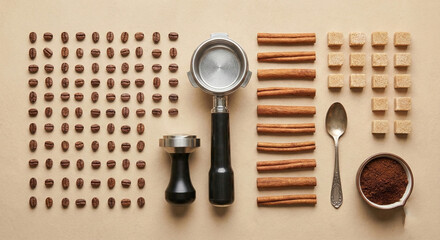 Coffee ingredients knolling flat lay on b