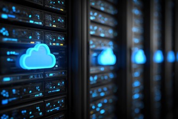 Closeup view of modern server racks featuring bright blue cloud symbols in a data center environment showcasing digital technology