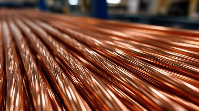 Perfectly polished copper busbar wire with a rectangular shape and reflective surface in an industrial workshop, 4K.