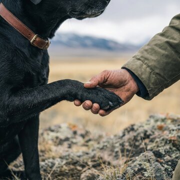 Close-up of man and black dog shaking hands outdoors