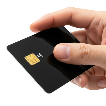 Hand holding black credit card with nfc icon isolated on transparent background
