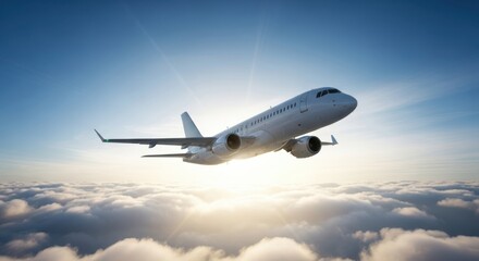 Obraz premium Airplane soaring above clouds, sunny sky, travel freedom