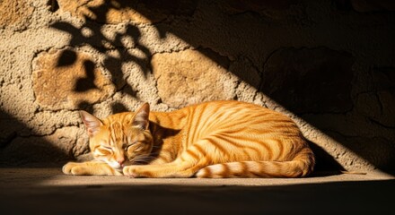 Orange tabby cat sleeping in sunlight, stone wall background, serene feline scene