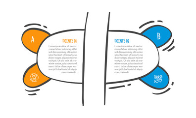 hand drawn doodle sketch comparison concept for infographic template banner with ellipse box with cut slice on center divider with two point list information