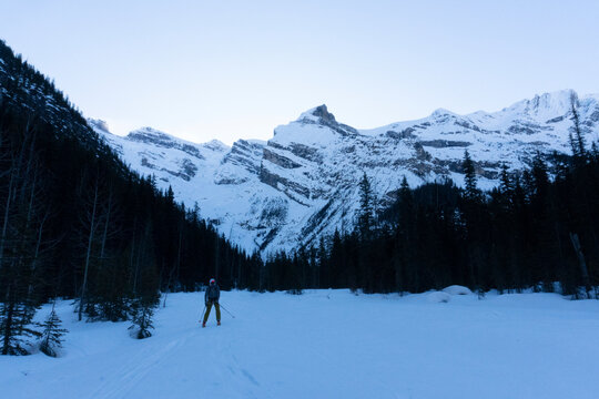 A skier descends a valley in Canadian backcountry.