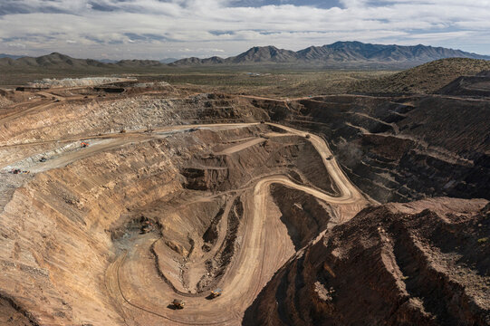 Aerial drone view of open pit mining operation