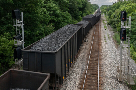 Elevated view of coke train crossing tracks