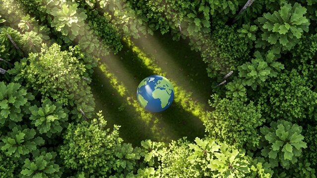 Energ&iacute;a verde para un medio ambiente sostenible, vista superior de un bosque vibrante con globo terr&aacute;queo, objetivo de reducci&oacute;n de emisiones de carbono, concepto del D&iacute;a de la Tierra para un futuro e