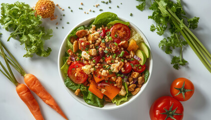 Fresh mixed salad bowl with cherry tomato, avocado, roasted nuts and greens, vibrant healthy meal