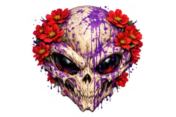 Alien skull concept artwork with vibrant red flowers and dripping purple paint creating a dark fantasy visual