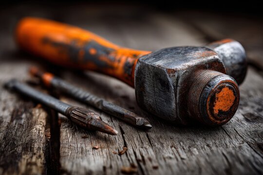 Exploring creative DIY projects with essential tools like an orange screwdriver and hammer on rustic wooden surface - Powered by Adobe