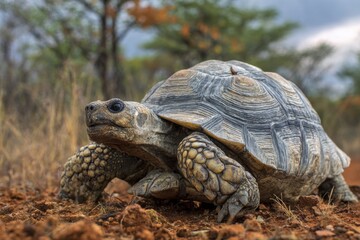 Obraz premium Spek hingeback tortoise foraging in Kruger National Park during the early morning