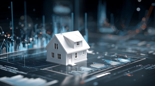 detailed 3D scene features white house model on digital financial interface, with graphs and data charts in background, symbolizing real estate market analysis. - Powered by Adobe