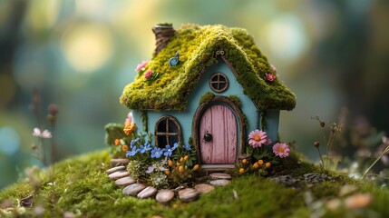 A whimsical, miniature blue cottage with a moss-covered roof and pink door sits nestled in a lush garden filled with tiny flowers and a pebble path under a soft, bokeh forest light.
