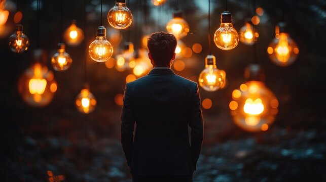 Man with alot of lightbulb Idea big thinking creativity and inspiration concepts with lightbulb