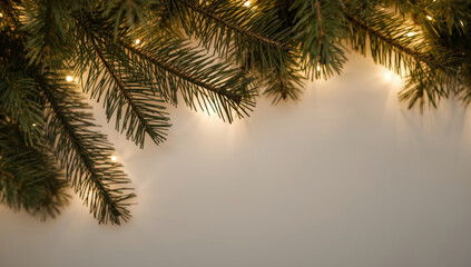 Evergreen fir branches with warm string lights creating cozy holiday atmosphere
