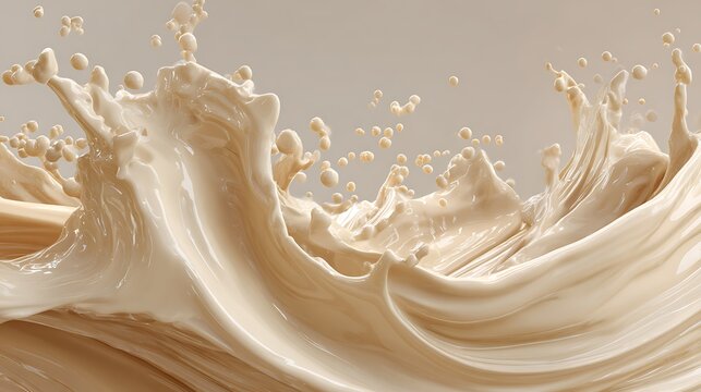 Dynamic splash of beige liquid creates abstract and captivating visual, resembling cosmetic cream or beverage. smooth texture and fluid motion evoke sense of elegance and energy. - Powered by Adobe
