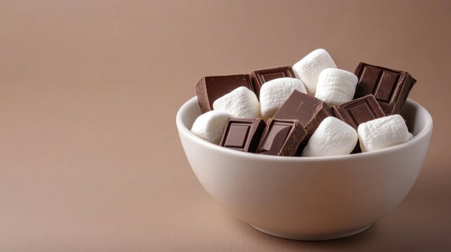 Marshmallows and Chocolate in a White Bowl. Sweet Treat, Snack Time, Delicious Indulgence.