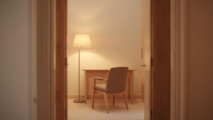 Fototapeta premium Cozy wooden study desk with chair and floor lamp, warm ambient lighting and minimalist decor