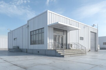 Fototapeta premium A modern white industrial building with a metal facade stands under a clear sky.