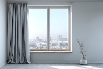 Fototapeta premium Gray curtains frame a large window overlooking a city with buildings.
