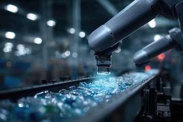 Robotic arms efficiently sort plastic waste on a high-tech production line in a modern recycling facility