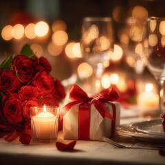 Romantic candlelight dinner with red roses and gift box on elegant table