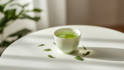 Fototapeta premium Green tea cup on table with scattered tea leaves and soft sunlight