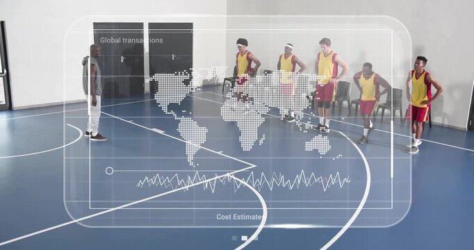 Coach walking onto blue court cueing team doing warm-up lunges for sports under HUD Cost Estimates