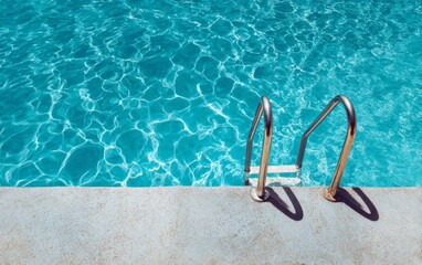 Clear blue swimming pool water with metal ladder and sunlight reflections creating summer mood