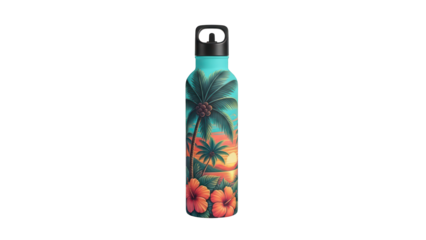 Reusable metal water bottle with tropical palm tree print isolated on transparent background PNG (ताड़ के पेड़ के प्रिंट वाली पानी की बोतल)