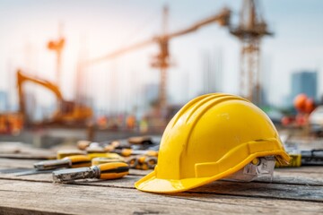 Yellow safety helmet on construction site with tools and cranes in background