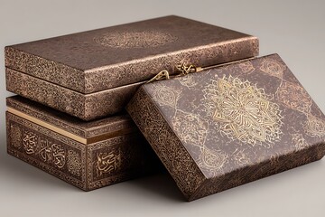 Elegant gold and brown ornate boxes with intricate designs stacked