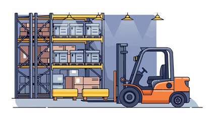 Naklejka premium An orange forklift operates in a warehouse beside tall shelves stacked with boxes and other goods