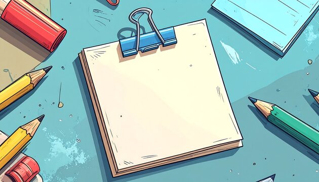 A close-up, colorful cartoon illustration of office supplies scattered on a light blue surface. The focus is a notepad with a clip