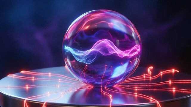Dynamic energy sphere illuminating a futuristic digital platform, visualizing data flow with vibrant waves in a dark tech environment.