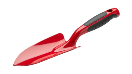 Red metal garden trowel with black handle isolated on transparent background PNG (लाल बागवानी खурपी)