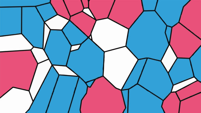 Abstract tessellation of irregular polygons in pink, blue, and white