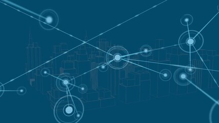 Animation of network of connections over digital city on blue background - Powered by Adobe