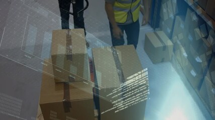Animation of digital interface over caucasian warehouse workers - Powered by Adobe