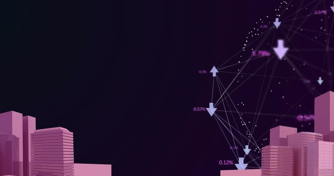 Animation of digital network of connections with icons over pink 2d cityscape model