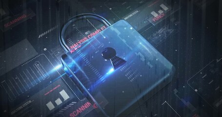 Animation of cyber attack warning and padlock icon over server room - Powered by Adobe