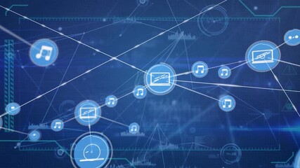 Animation of network of connections with digital icons statistics and data processing - Powered by Adobe