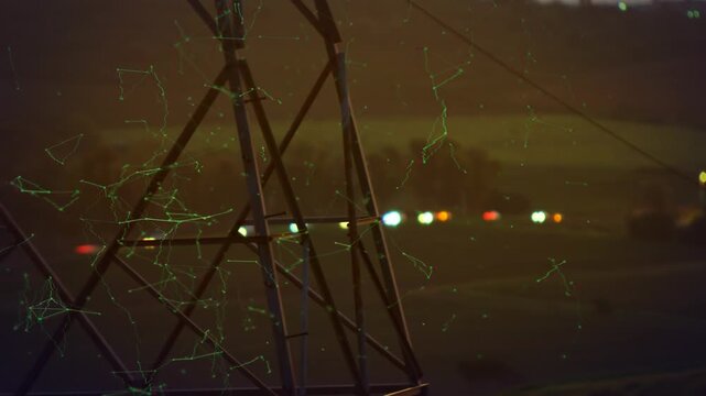 Animation of glowing connections over electric pylon and countryside