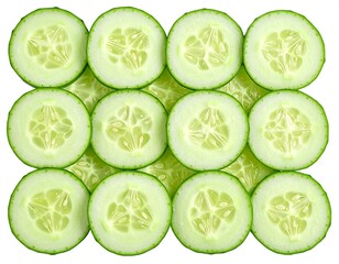 Close-up studio shot of a perfectly arranged, grid-like composition of fresh, green cucumber slices on a white background