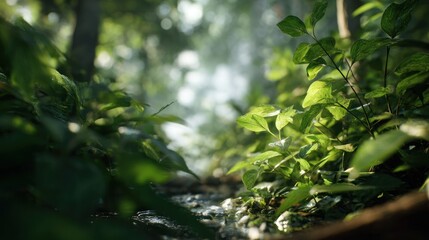 Fototapeta premium Lush Green Undergrowth Sunlight Filtering Through Forest Canopy Tranquility