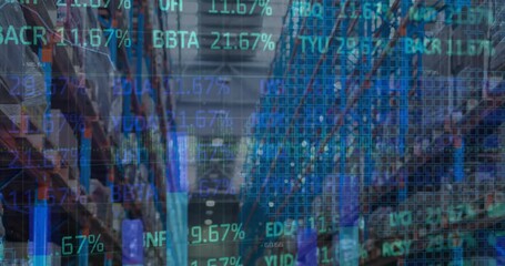Animation of stock market and financial data processing over empty warehouse - Powered by Adobe